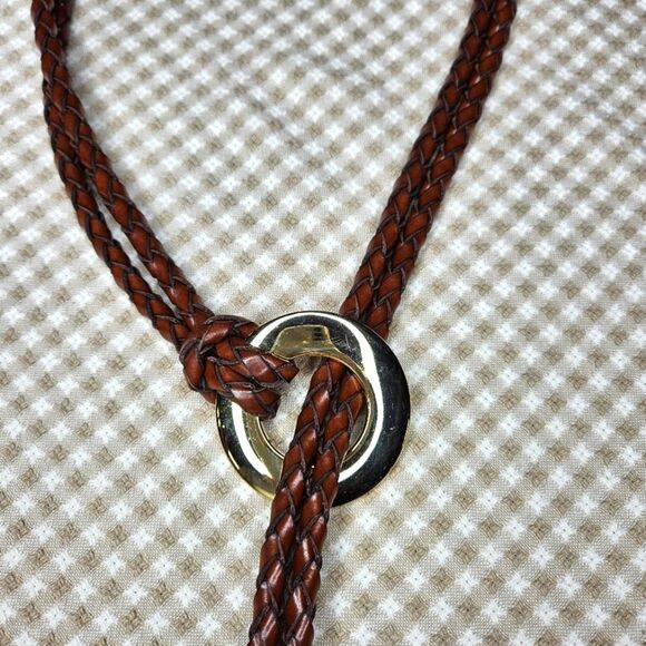 Vintage 90's Boho Flexible Braided Leather Goldtone Hardware Ring Tubular Belt - Picture 2 of 9